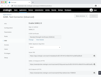 OneLogin's service provider configuration page