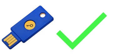 Original blue Yubico Security Key with a green checkmark