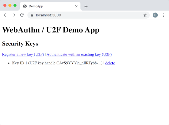 Demo app home page for U2F only