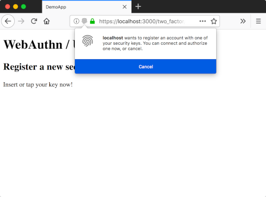 Registering a WebAuthn security key in Firefox